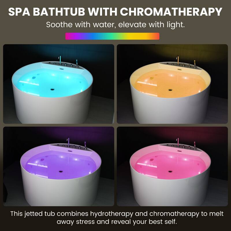 47 in. Freestanding Acrylic Whirlpool Bathtub with 6 Jets, Chromatherapy LED Lighting, 4-Hole Faucet Kit, Center Drain