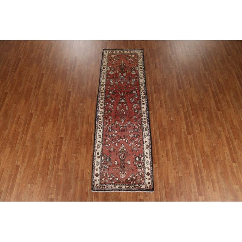 Hand Knotted Oriental 100% Wool Carpet Traditional Geometric Red Hamedan Runner Rug - 10' 2'' X 3' 2''
