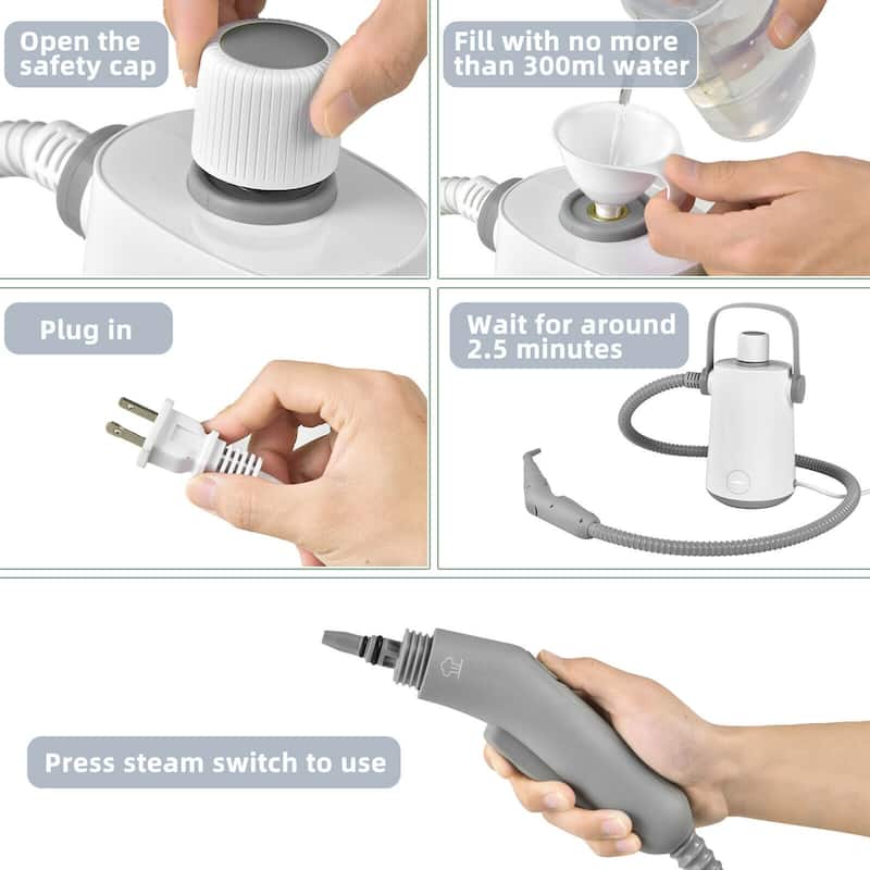 Home Steam Cleaner 1000W with 10.2oz Tank 12min Continuous Steam Long Hose and Cleaning Brushes - 5.5" x 5" x 10" (L x W x H)