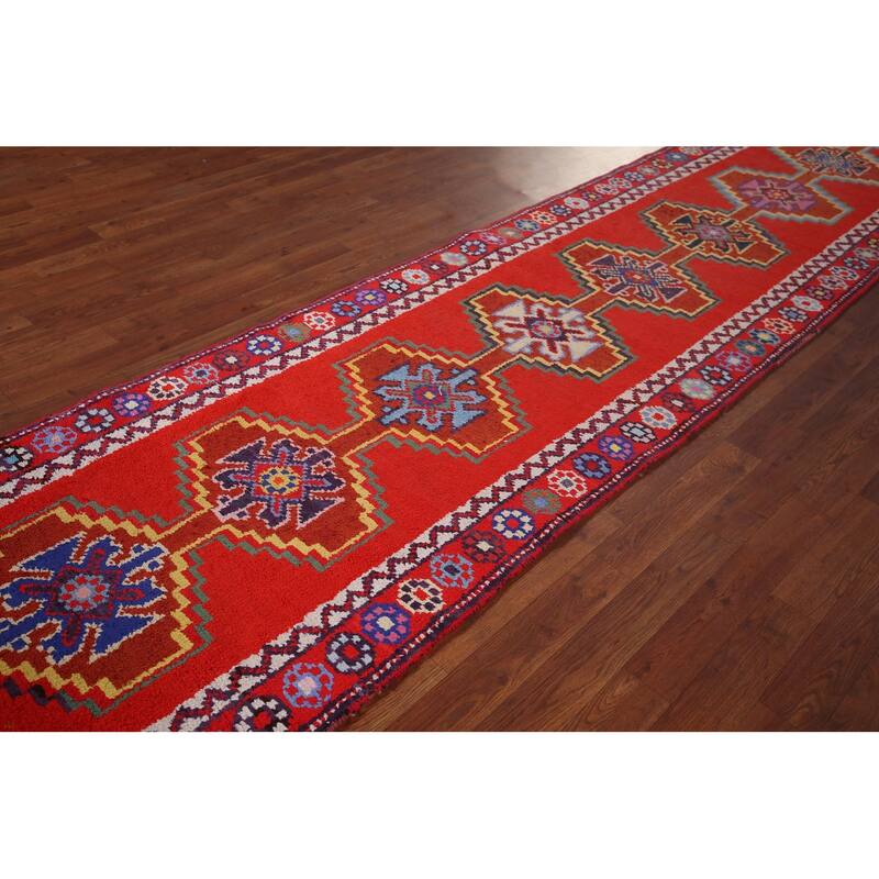 Red Geometric Anatolian Turkish Runner Rug Handmade Silk Carpet - 2'9"x 12'11"