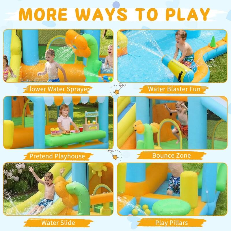 Oxford Cloth Inflatable Castle In Blue Garden Theme Bounce House With Slide, Trampoline And Playhouse - N/A