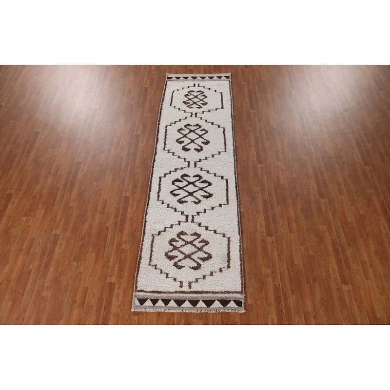 Natural Dye Beige Anatolian Runner Rug Hand-knotted Wool Carpet - 3'4"x 11'8"