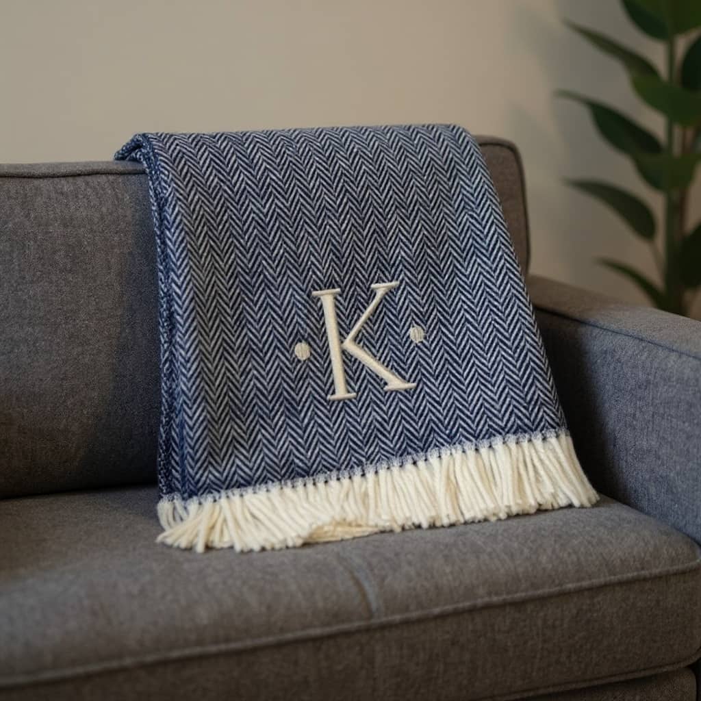 HomeRoots 55" X 70" Navy Blue And White Herringbone Cotton Blend K Initial Throw Blanket with Tassels And Embroidery