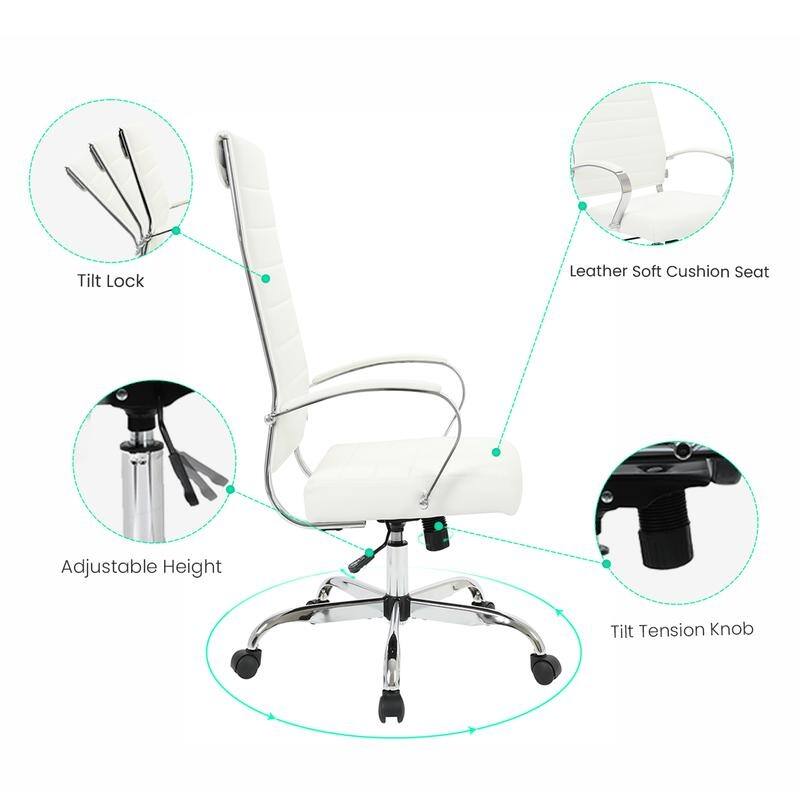 Benmar High-Back Leather Office Desk Chair in Stainless Steel Frame Adjustable Height Tilt Lock 360 Swivel Ergonomic Chair