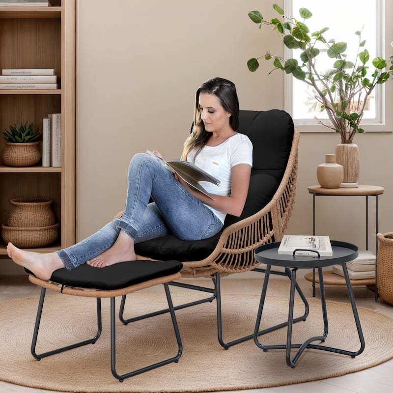 Chaise Lounge Chair with Ottoman and Coffee Table, Wicker Egg Chair Oversized Rattan Patio Cozy Chairs with Footstool - 27.95" W x 30.71" D x 35.83" H - Black
