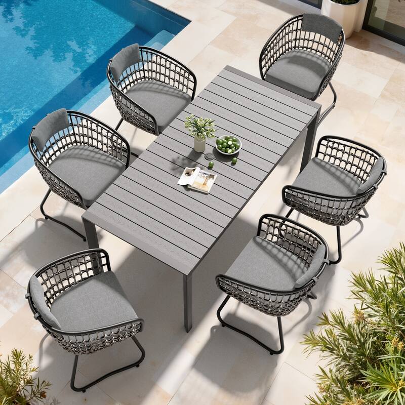 7-Piece Outdoor Patio Dining Set Wood Like Table Top Aluminum Rectangular Umbrella Hole Table with Rattan Chairs