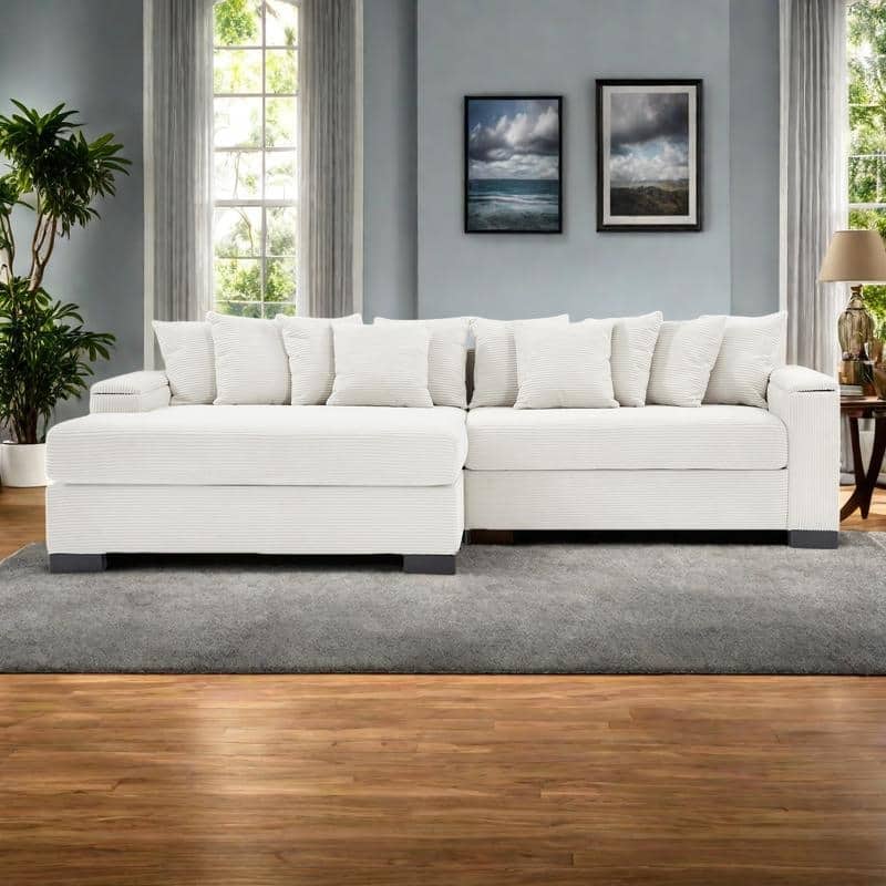111" Corduroy L-Shaped Sectional Sofa with Convertible Chaise & Storage Arms - Beige