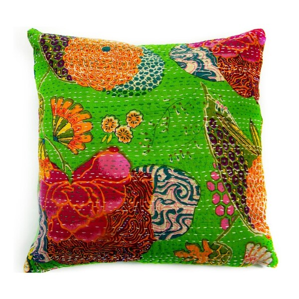 Handmade Floral Indian Kantha Work Cotton Pillow Cover On Sale
