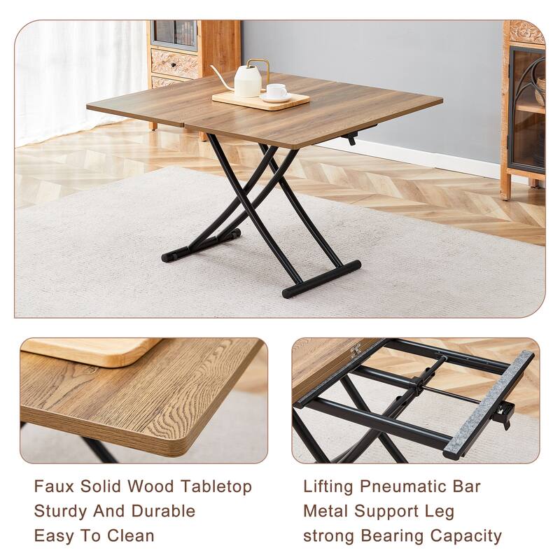 Modern Lift Table With 0.8-Inch Wood-Textured MDF Top & Black Metal Legs; Functions As Dressing, Coffee, Dining, Or Office Desk.