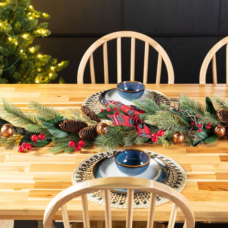 Glitzhome Christmas Bell Pinecone & Berry Bow Wreath Teardrop Garland Wall Decor
