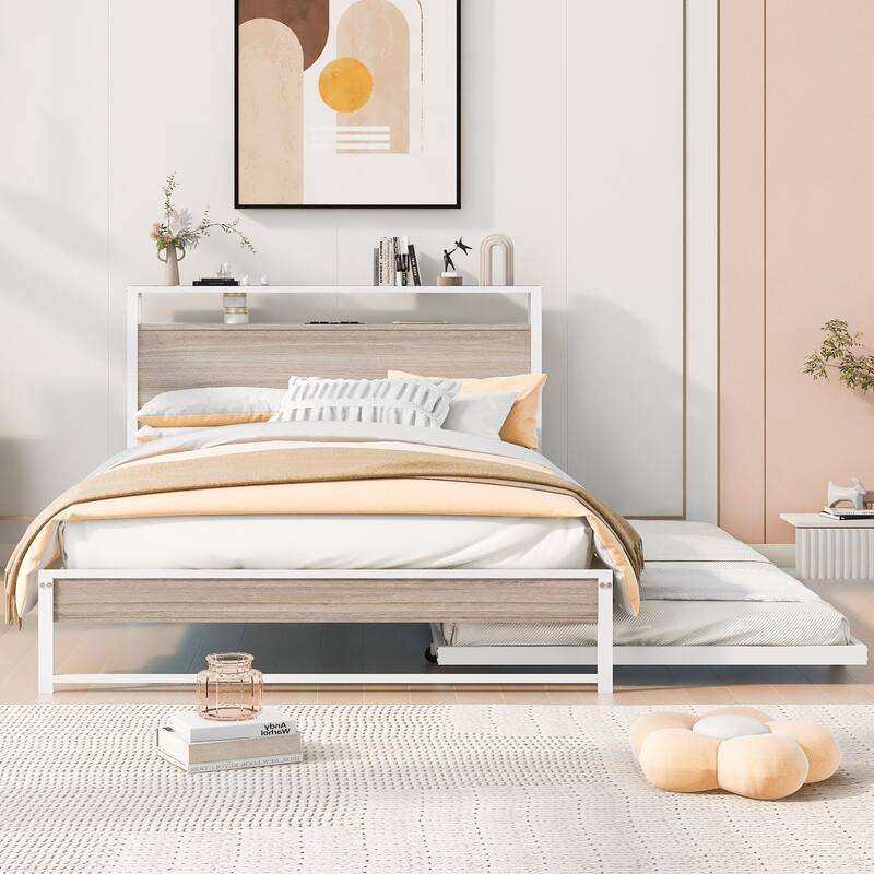 Full/Queen Metal Bed Frame with Trundle, USB Charging Ports, and Slat Support, Modern Design, No Box Spring Required