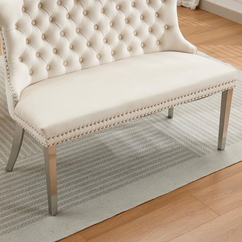 Velvet Double Dining Loveseat Bench, 2-Seat Tufted Bench w/Handmade Buttons, Wing Back, Stainless Steel Legs,Single Pack