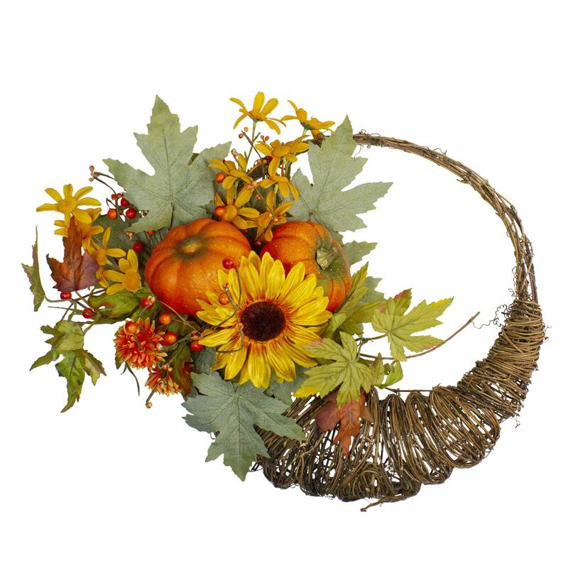 Cornucopia Sunflower Pumpkins Artificial Thanksgiving Wreath 20" Unlit