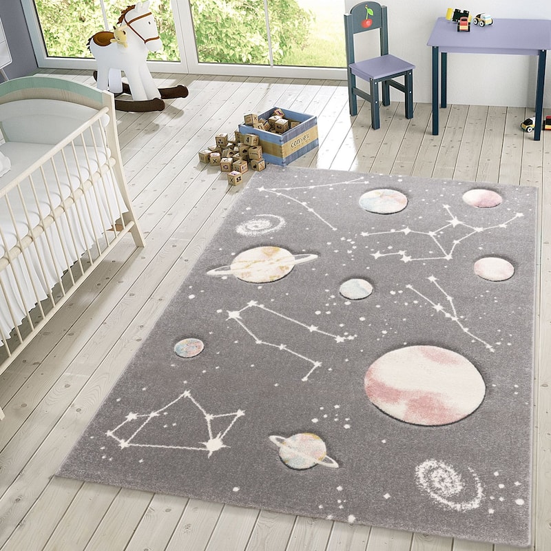 Space Rug for Kids Colorful Galaxy with Planets and Stars in Grey - 7'10" x 11'2"