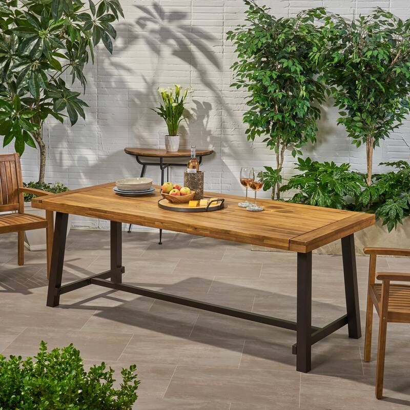 Roomfitters Modern Outdoor Dining Table with Wood Top and Black Powder-Coated Frame for Patio or Garden