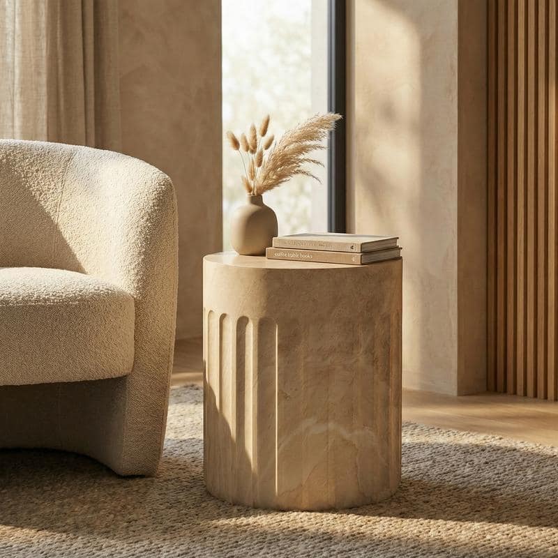 Zenvio Modern Cylindical Marble Side Table with Accent Painted Finish and Vertical Grooves for Living Room, Bedroom or Patio