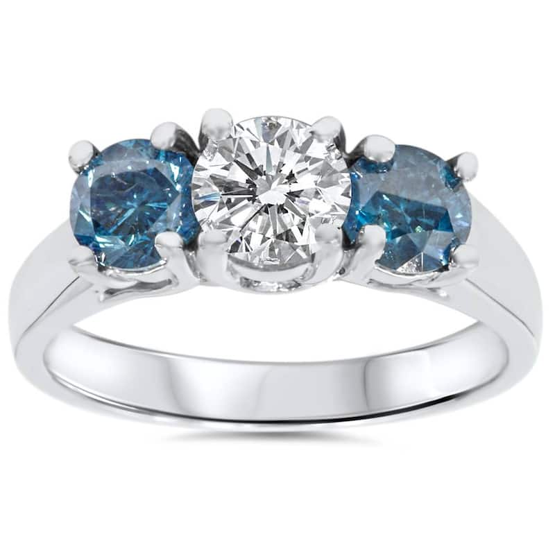 1 3/4ct Blue & White Diamond Three Stone Engagement White Gold Ring
