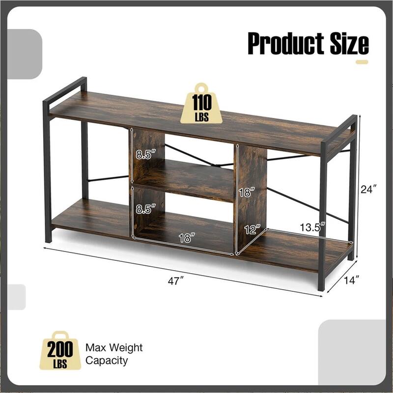 3-Tier TV Stand for 55" TVs w/4 Open Shelves Heavy-duty Metal Frame - 47 inches in width