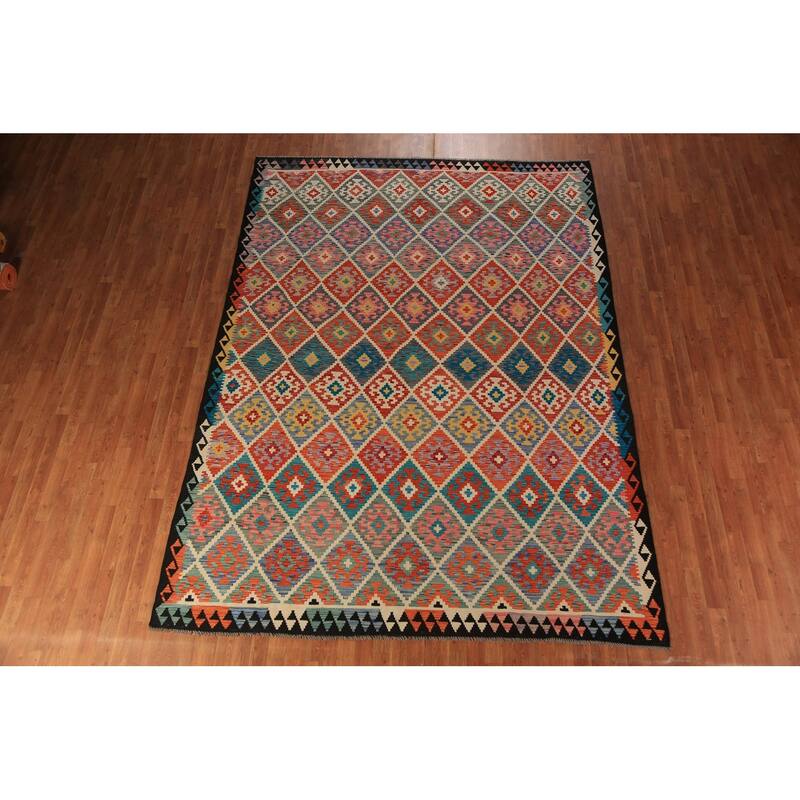 Trellis Kilim Oriental Area Rug Hand-Woven Wool Carpet - 8'2" x 11'2"