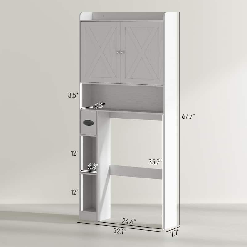 MDF Farmhouse Over Toilet Cabinet with Barn Doors and Adjustable Shelf - 32.1" W x 7.7" D x 67.7" H