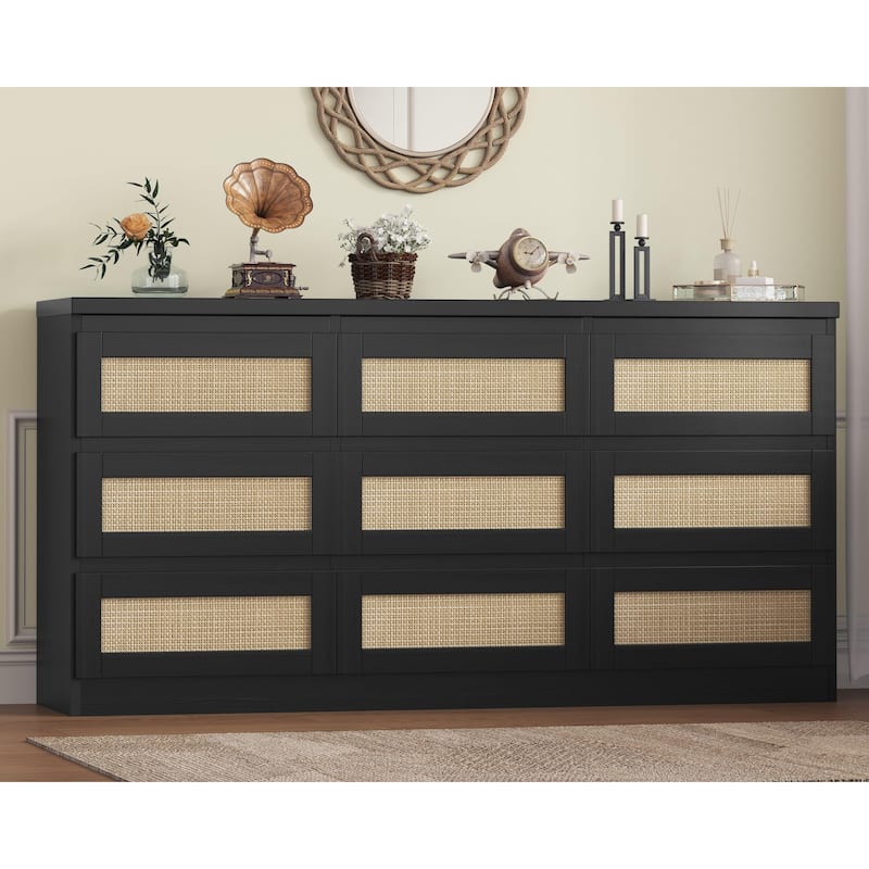 Farmhouse 9-Drawer Dresser with Rattan Accents and Built-In Charging Station, Wooden Storage Cabinet - Black