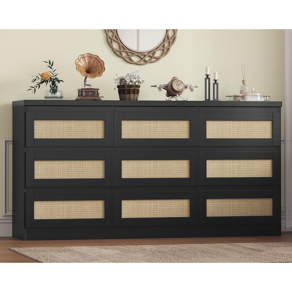 Farmhouse 9-Drawer Dresser with Rattan Accents and Built-In Charging Station, Wooden Storage Cabinet