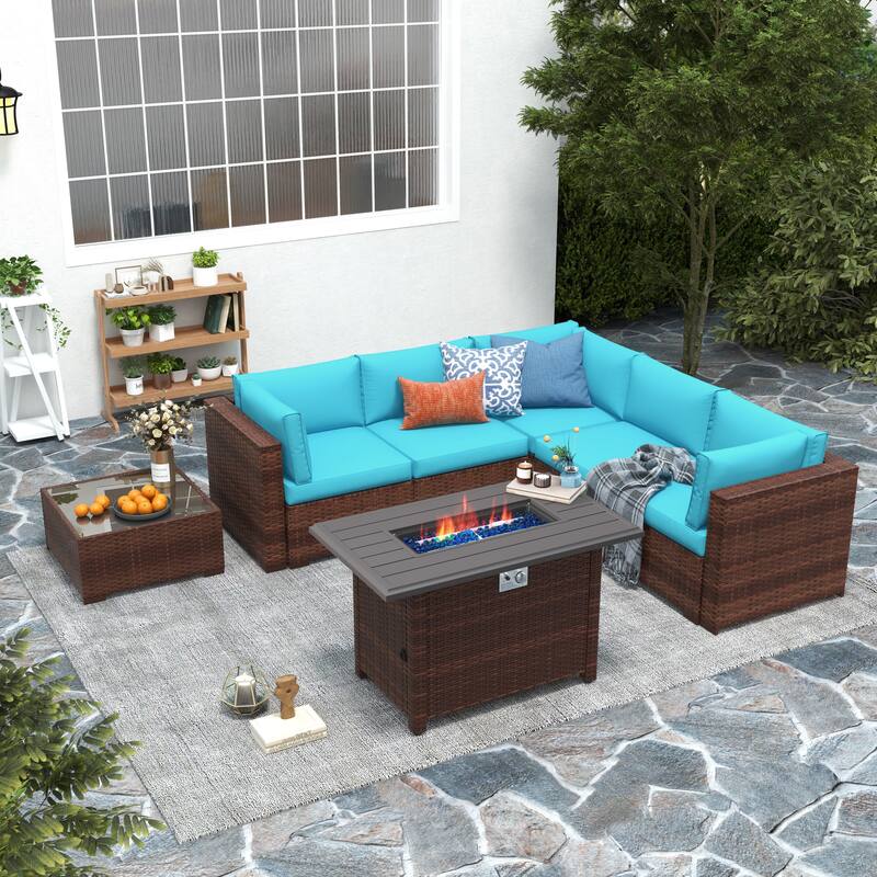 7 Piece Wicker Set Patio Sofa Furniture with Fire Pit And Table