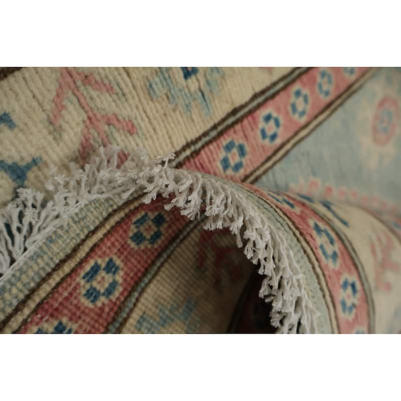 Hand Knotted Oriental 100% Wool Carpet Traditional Geometric Navy Blue & Blues Kazak Runner Rug - 13' 4'' X 2' 10''
