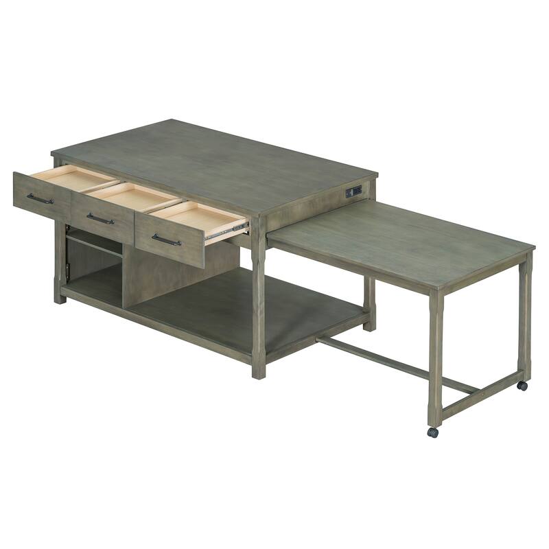 Extendable Kitchen Island with Storage, Multi-Functional Kitchen Cart with Built-In Power Outlets, Retro Kitchen Island