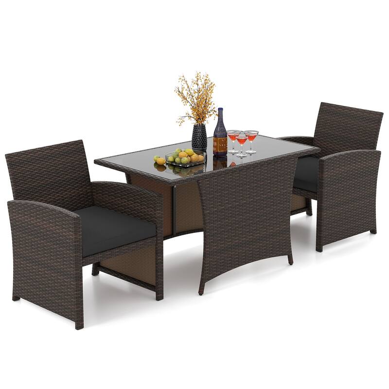 3 Piece Patio Wicker Dining Set with Glass Table and Cushioned Chairs - 25" x 23.5" x 31"