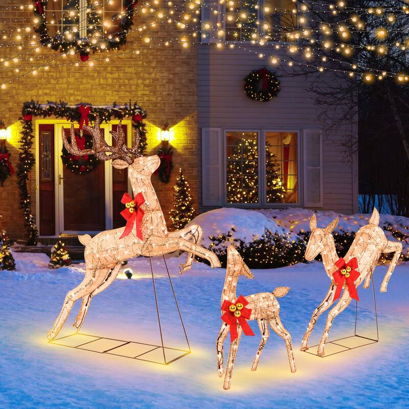 Costway 3 PCS Lighted Christmas Reindeer Family Set Holiday Decoration - See Details - Gold