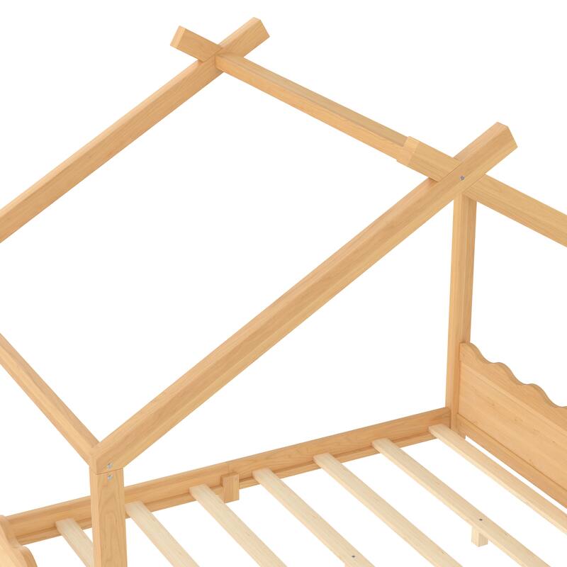 Full House Floor Bed with Support Slats, Solid Wood House Bed Frame for Kids, No Box Spring Needed