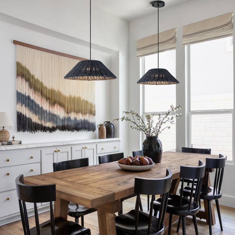 1-Light Black Rattan LED Chandelier Handwoven Straw Hat Pendant Light - 13.4"W x 5.2"H