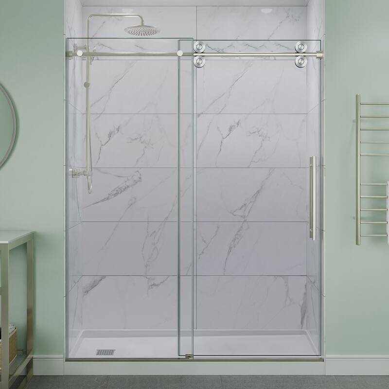 ANZZI Series 56 to 60 in. x 76 in. Frameless Shower Door with Sliding with Tsunami Guard Tempered Clear Glass - Brushed nickel