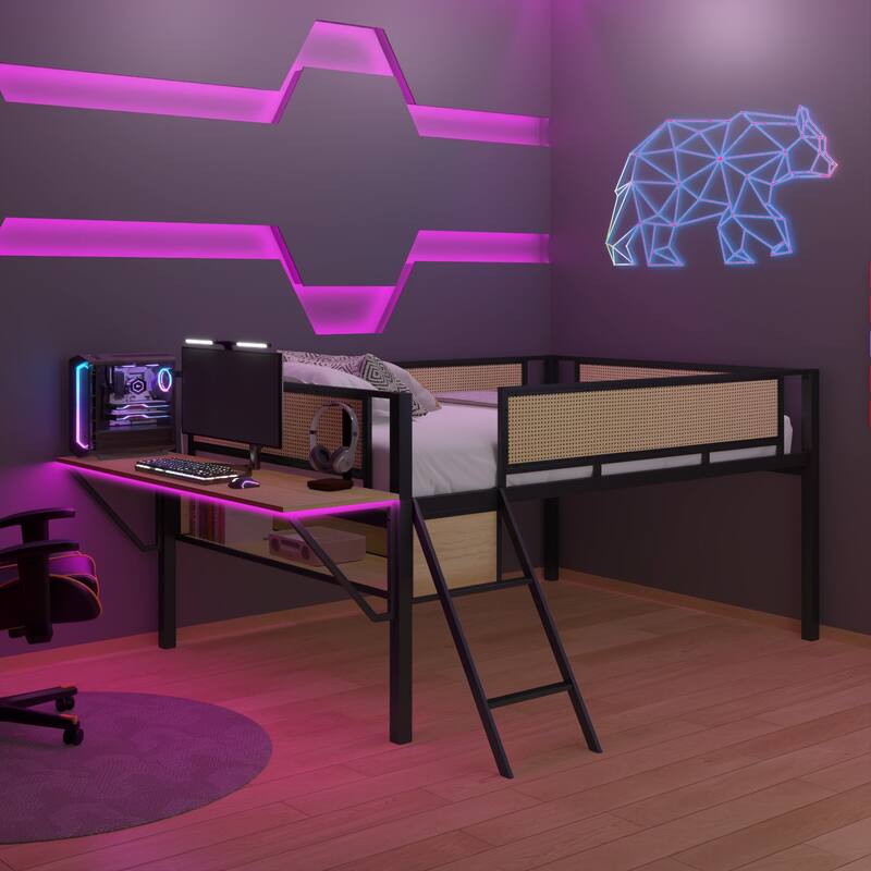 Metal Loft Bed with Desk, LED Lights & Storage