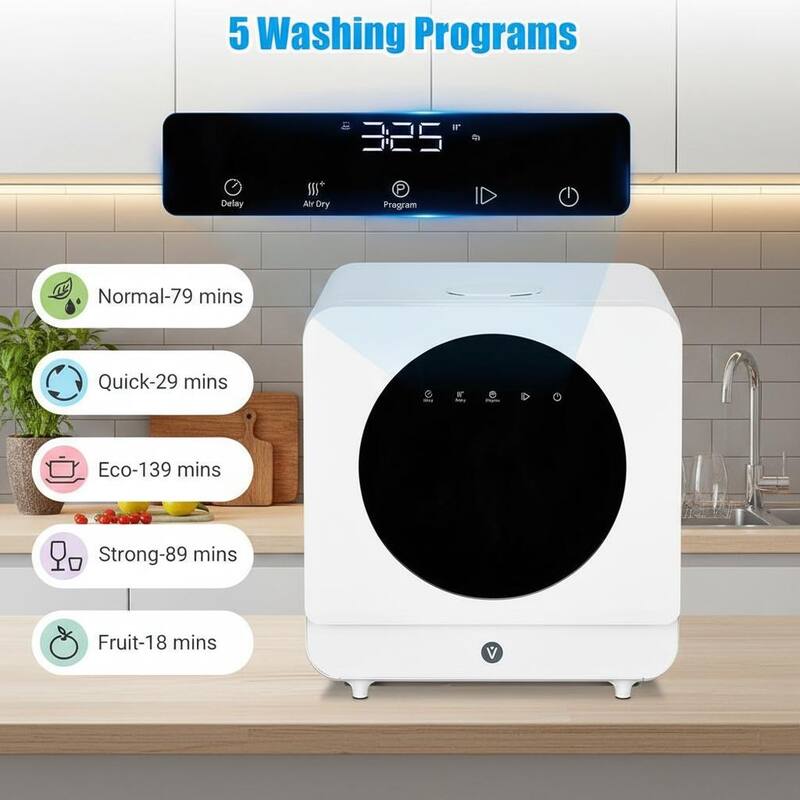 Portable Dishwasher Countertop, 6 Washing Programs, with LED Display & Touch Control