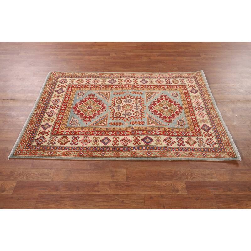 Geometric Kazak Accent Rug Handmade Blue Wool Carpet - 3'5" x 4'10"