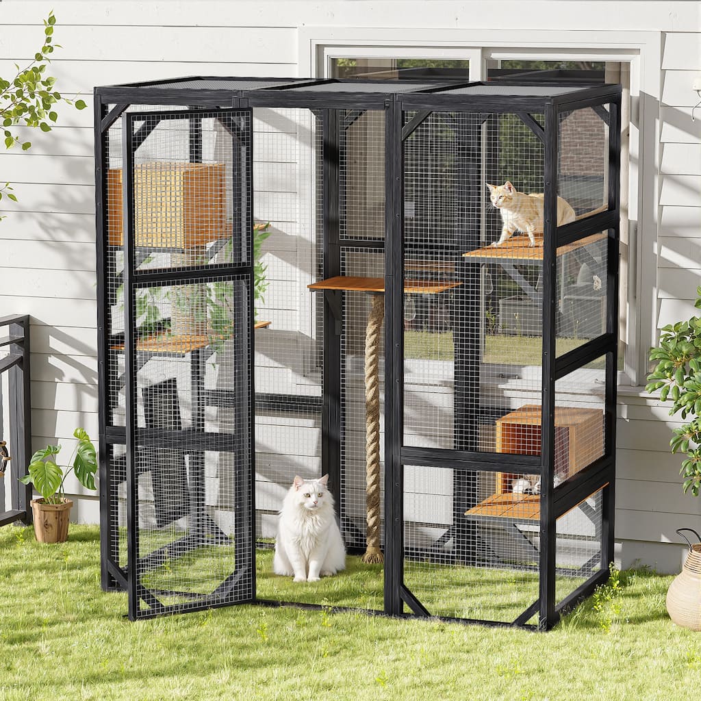 Outdoor Cat House, Cat Catio with Double Enter Doors, Balcony Cat Playpen with Platforms and Two Condos for 1-3 Cats