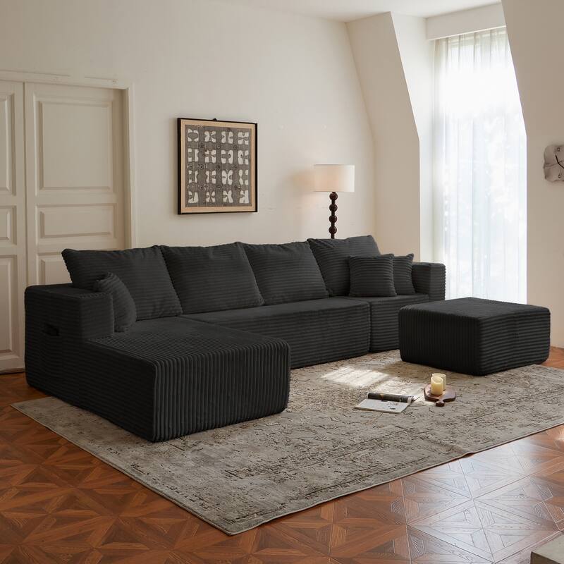 Modular Sectional Sofa with Chaise & Ottoman, Fabric Upholstered Boneless Cloud Sofa, Deep Seat Corner Sofa with Side Pockets