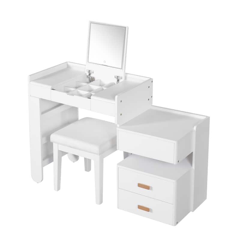 3-in-1 Makeup Vanity Desk with Stool, Flip-Top Mirror, Adjustable 3 Colors Lighting & Retractable Side Cabinet