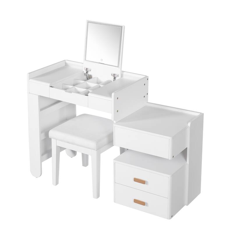 Bedroom Dressing Table and Stool Set of 2, 3-in-1 Makeup Vanity Desk with 3-Color Lighted Mirror & Retractable Side Cabinet
