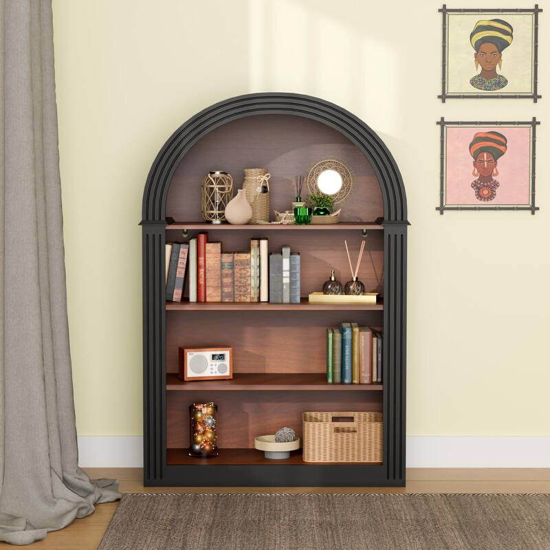 Bookcase, 4-Shelf Tall Bookshelf, 45.66" Wood Open Display Floor Arched Bookcase, Large Storage Organizer