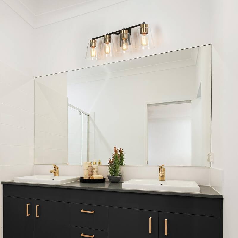 Airielle Black Gold 4-Lights Bathroom Vanity Lights Modern Farmhouse Wall Lamps with Cylinder Glass Shade