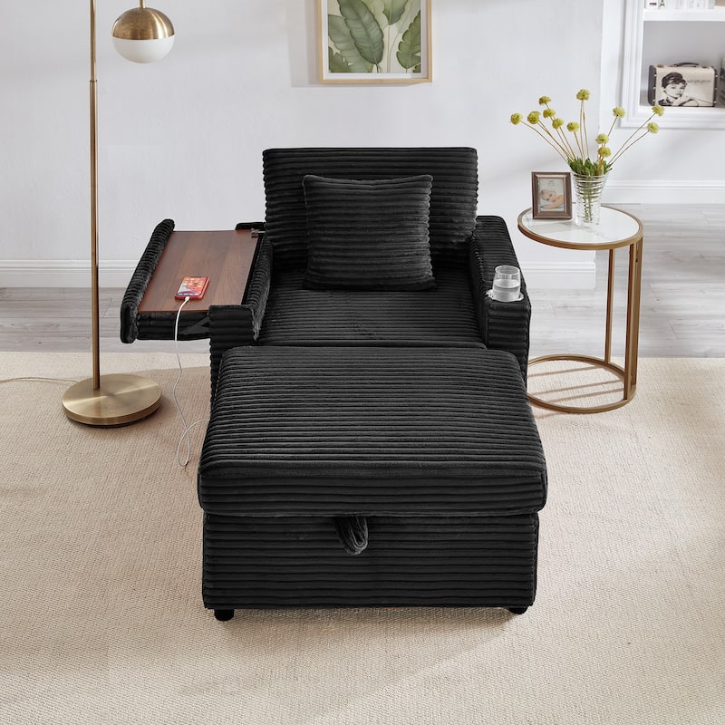 Fluffy Corduroy Lazy Sofa Chaise Lounge with Accent Chair, Storage Ottoman, Folding Table Board, Cup Holder and USB