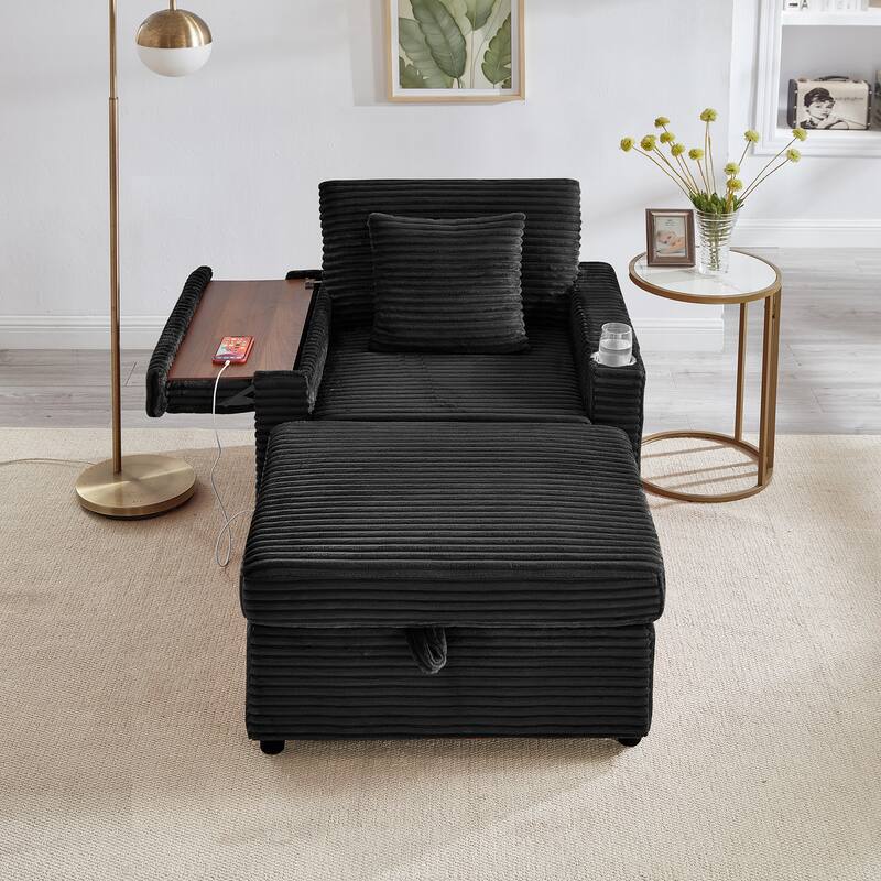 Single Lazy Sofa Chair with Storage Ottoman, Chaise Lounge with USB Charging, Recliner Sofa Chair with Cup Holder