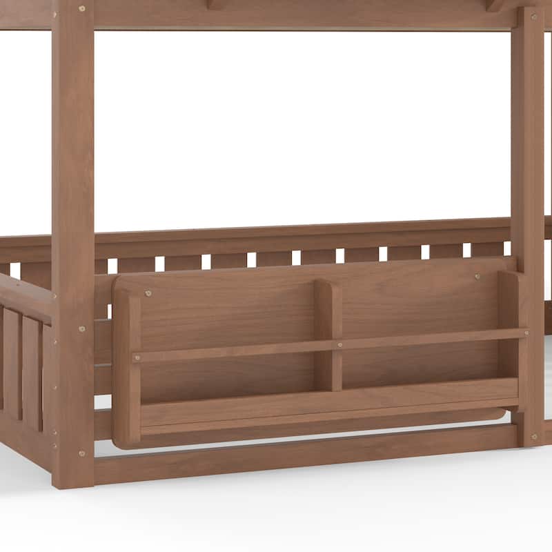 Full/Twin Bunk Bed with Bookshelf, House Design Loft Bed with Safety Fencing, High-Quality Kids Bed Frame