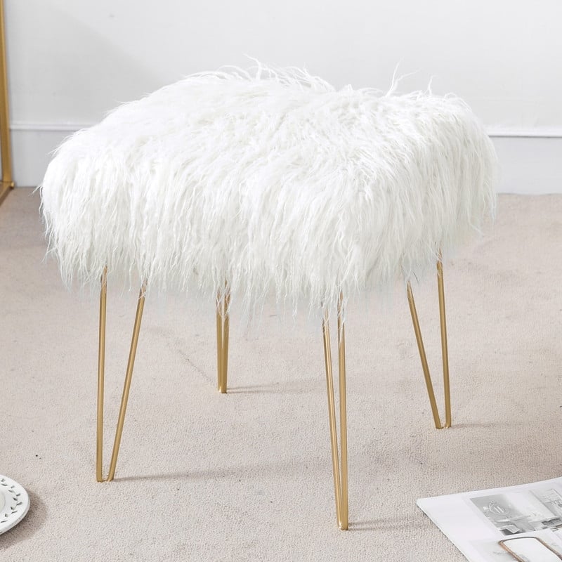 Adeco Faux Ottoman Vanity Stool with Metal Legs for Bedroom