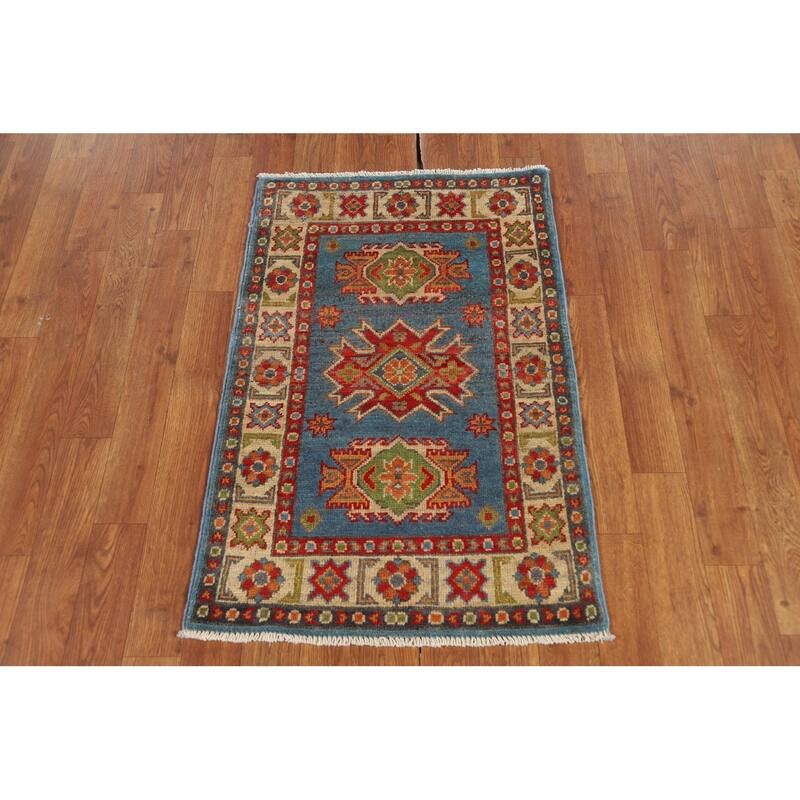 Blue Kazak Oriental Accent Rug Hand-Knotted Geometric Wool Carpet - 2'0" x 3'0"