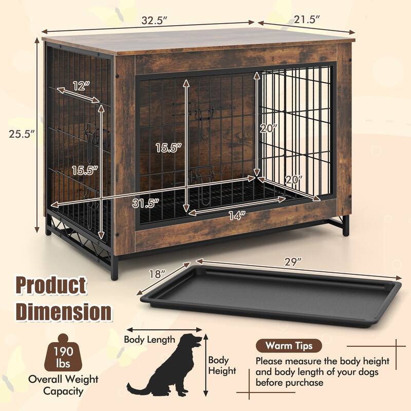 Dog Crate Furniture with Double Lockable Doors and Easy Clean Tray