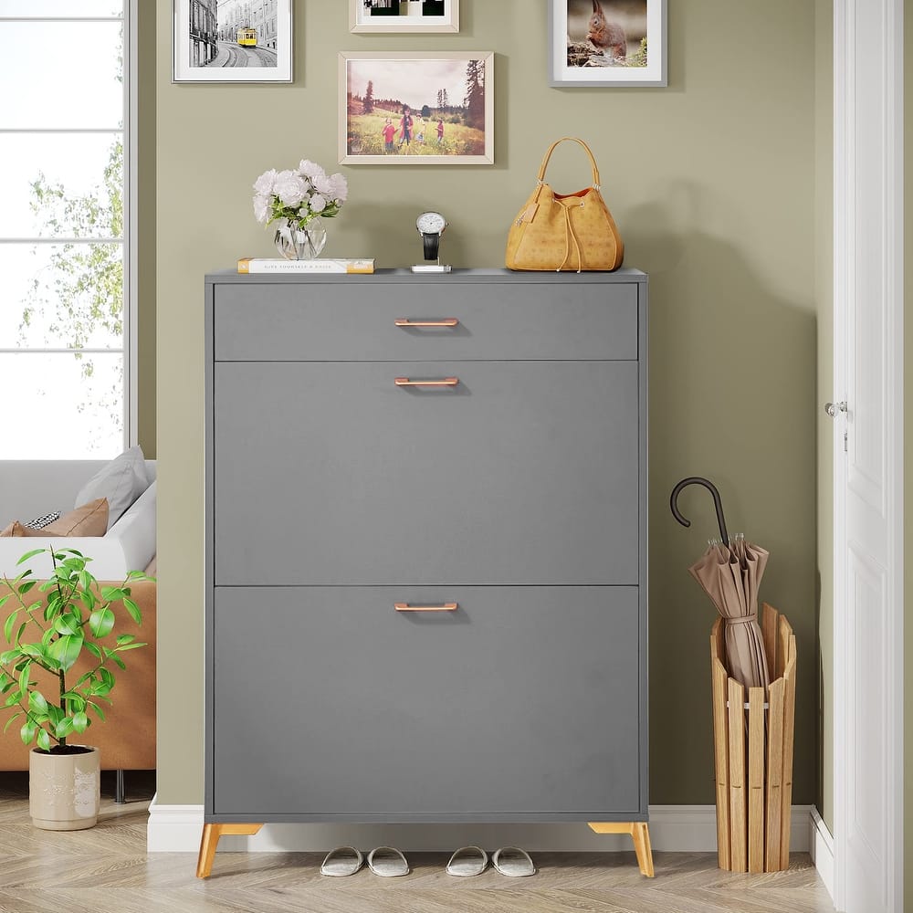 Freestanding Shoe Cabinet for Entryway, with 2 Flip Doors and Drawer - 32'W x 10''D x 43''H